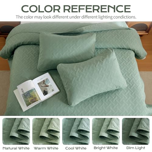 JYHOPE Queen Quilt Set Sage Green Lightweight Bedspread Bedding 3-Piece Microfabric Quilts with Pillow Shams Summer Cooling Comforter Alternative Gift Wrapped - color: Weave Pattern-sage Green, size: Full/Queen(96x90)