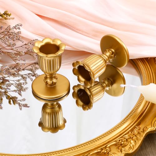 2 Packs Gold Candlestick Candle Holders for Taper, Vintage Candlestick Candle Holders Brass, Victorian Style Brass Color Candle Stick for Table Centerpiece, Wedding, Christmas Decoration