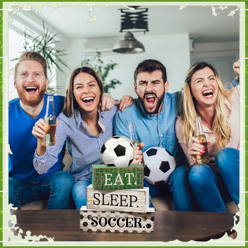 Yuntau 4 Pcs Soccer Wooden Tabletop Decor Soccer Tiered Tray Decor Rustic Wood Block Sign Gift Centerpiece Farmhouse Table Sign for Home Boys Room Office Shelf Birthday Party - style: Soccer