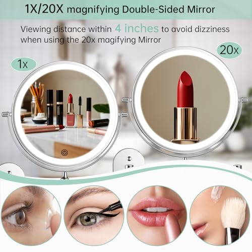 FUNTOUCH 2500mAh Rechargeable Wall Mounted Lighted Makeup Vanity Mirror 8 Inch Double Sided 1X 20X Magnifying Bathroom Mirror, 3 Color Lighting, Touch Dimming, Extended Arm 360° Light up Mirror - color: Bright Chrome
