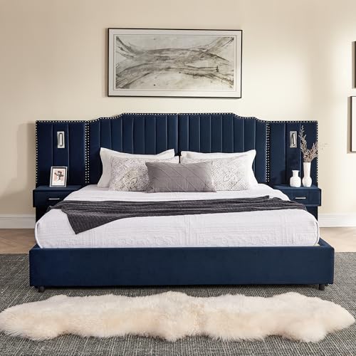 Luxury King Size Bed Frame with LED Lights and Nightstands, Oversized Velvet Upholstered Platform Bed Frame with Extra Wide Headboard, Button Tufted Design, No Box Spring Needed, Dark Blue | Breathable material - color: Dark Blue-velvet, size: King