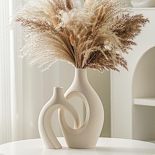 Lvases Snuggle Hollow Ceramic Vase Set of 2, Boho ins Style Round Nordic Mid Century Modern Aesthetic Decorative Vase for Home Decor (Cream W 6.8" X H 11") - color: Extra Large Cream White