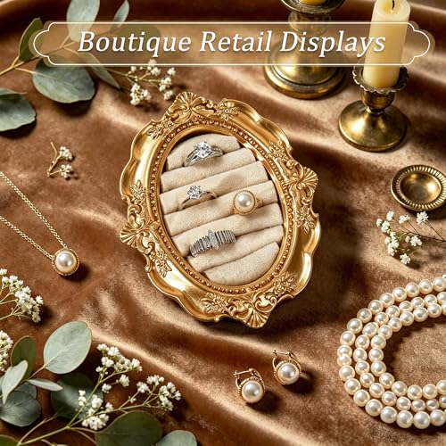 Vintage Ring Holder Rectangle Gold Velvet Display Stand - Baroque Jewelry Organizer Box Tray for Wedding Engagement Anniversary Women Birthday Christmas Gift Photograph Prop (MPF05-White) - color: MPF05-White
