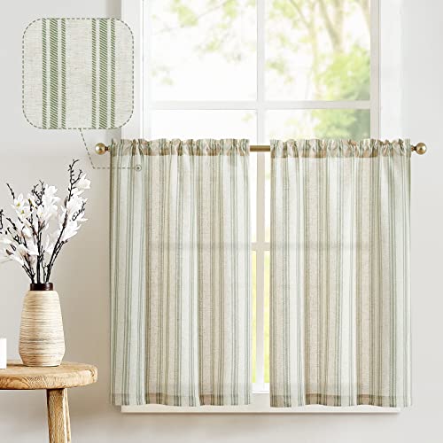 jinchan Striped Linen Kitchen Curtains 24 Inch Cafe Tier Curtains Balanced Stripe Farmhouse Small Drapes for Bathroom Laundry Over Sink Half Window Light Filtering 2 Panels Sage Green on Linen - color: Striped Green on Linen, size: 26"W x 24"L (Pack of 2)
