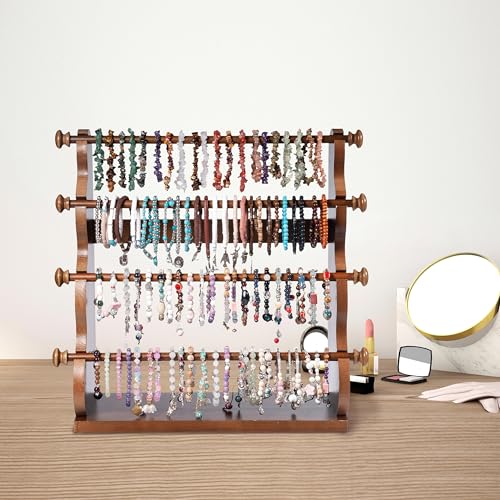 4 Tier Wooden Bracelet Holder, Bangle Watch Necklace Display Storage Antique Bracelet Display Jewelry Holder Stand Display Organizer, Brown 4 Tier Wooden Bracelet Holder - style: 4 Tier Sranding