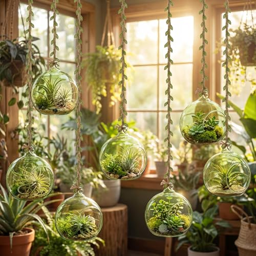 GlikCeil 13 Pcs 3.15'' Hanging Glass Candle Holder with Burlap Leaf Ribbon, Glass Orbs Air Plants Tea Light Candle Holders, Globe Plant Terrariums for Decor Indoor Outdoor Garden DIY (Green) - color: Green