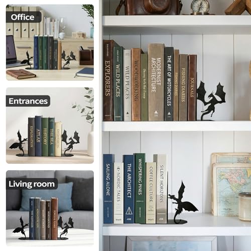 ENCIMART Dragon Metal Bookends Decorative, Unique Office Desk Book Ends for Shelves Bookshelf Home Office Desk Bookshelf Decor Gift for Dragon Lovers and Reading Enthusiasts - color: Black Dragon