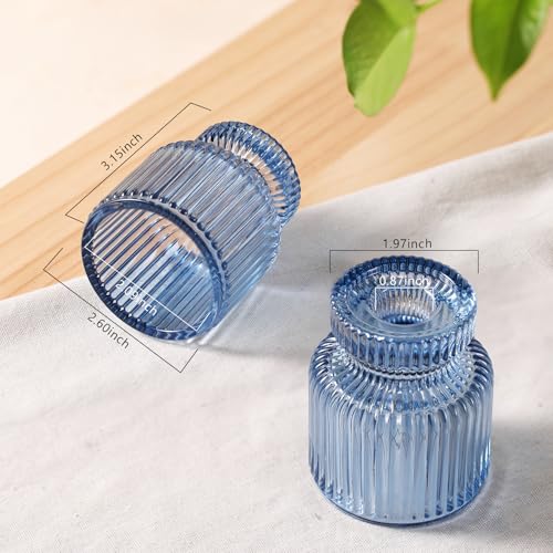DARJEN 6 Pcs Blue Glass Candlestick Holders with Vertical Stripes - Irregular Shaped, Dual-Use for Taper Candles & Votive/Tea Lights, Candle Holders for Dining Table, Wedding, Party, Home, Gifts - color: Blue, size: 6Pcs