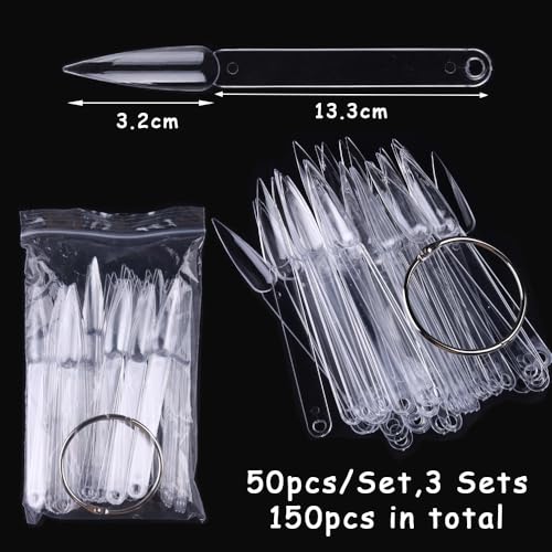 150 Pcs Nail Swatch Sticks with Ring, Clear Pointed Shaped Nail Art Polish Display Tips, Stiletto False Nail Sample Sticks, Nail Practice Color Display Board Manicure Home DIY Salon Supplies - color: Clear Stiletto Shaped