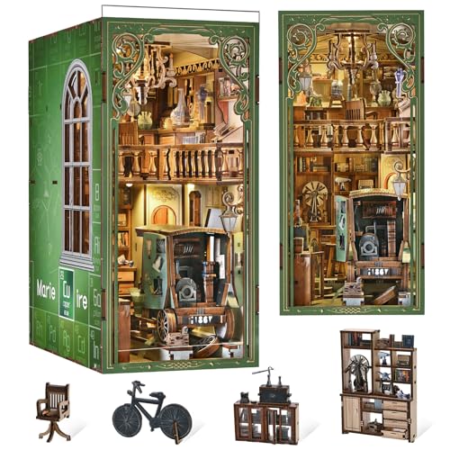 MiniCity Book Nook Kit, DIY Doll House Booknook, Miniature Kit for Bookshelf Doll Houses for Adults Teen Halloween, 3D Wooden Puzzle Bookends with Led Light and Dust Cover (The Radium Lady) - style: The Radium Lady