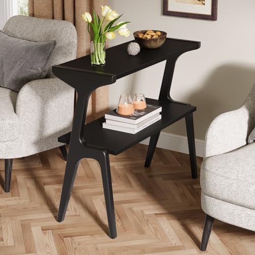 Tribesigns Solid Wood End Table, Modern Side Table for Couch, 2-Tier Narrow Tall End Table, Long Bedside Table for Living Room, Bedroom, Black - color: Black