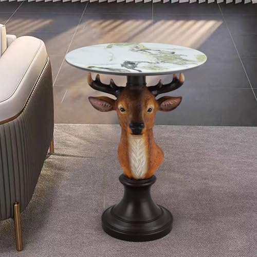 Deer Head Side Table - End Table with Faux Marble Top Unique Deer Statue Decor for Living Room Bedroom Entryway Elegant Animal Sculpture Modern Classical Decoration - color: Brown Deer Base
