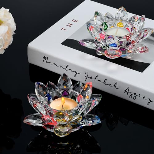 Colorful Crystal Lotus Flower Tealight Candle Holders, 2 Packs, K9 Crystal Material, Candlestick Decor, Glass Tealight Candlestick, Christmas Home Decoration - color: Colorful-2pcs