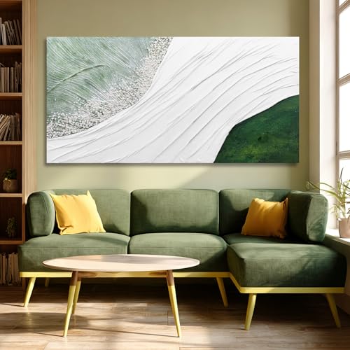 Hue7Art Contemporary Abstract Nature-Inspired Canvas Wall Art with White Flowing Lines and Green Accents, Minimalist Textured Artwork for Living Room Bedroom Office 29x58 Inch - color: White and green, size: 58"L x 29"W