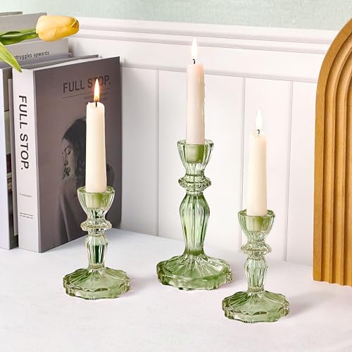 Glass Candlestick Holders Set of 3, Green Stripe Taper Candle Holders for Table Centerpiece, Home Decorations, Wedding and Party - color: Green