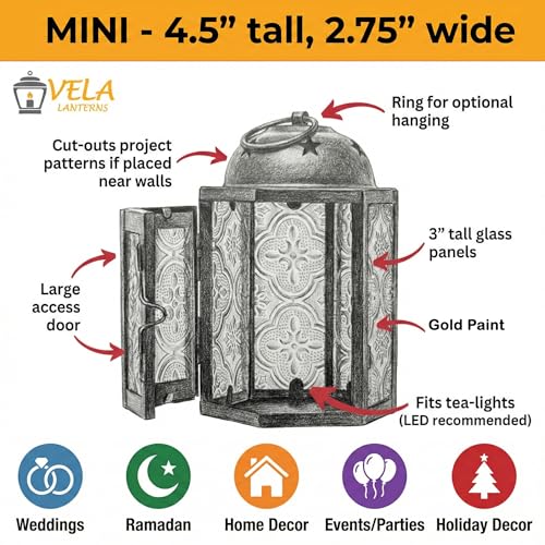 VELA LANTERNS Mini Moroccan Tea Light Candle Holder Lanterns – 4.25" Small Decorative Lantern for Table or Hanging, Metal with Glass Panels – Ramadan, Wedding, Home Decor, Gold (Set of 4) - color: Gold