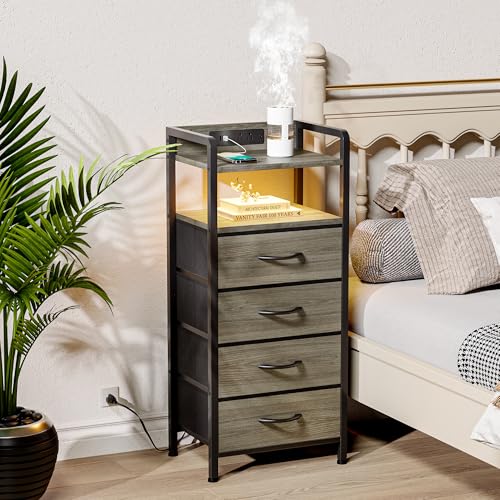 Lazzanto Grey NightStand with Charging Station - Morden Nightstand with USB Ports & AC Outlets, Grey End Table with Storage Shelf & 4 Fabric Drawers, LED Light Strip - color: Grey, size: 4 Drawers