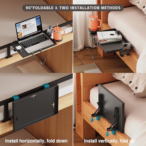 Magheo Bedside Shelf Foldable, Metal Clip-On Bed Shelf for Top Bunk Heavy Duty Bed Side Table Tray for College Dorm Essentials, Loft Nightstand Organizer Tray with Removable Cup & Phone Holder(Black) - color: Black