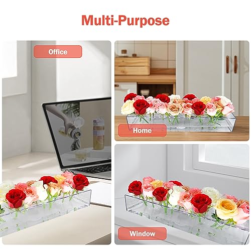 2Pack Clear Acrylic Flower Vase Rectangular, 15.7 Inches Long Floral Centerpiece Low Vases with Holes for Dinning Table, Home Decor, Wedding Decoration - size: 2Pcs