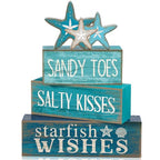 Yuntau 4 Pcs Summer Table Decorations Beach Tiered Tray Decor Starfish Coastal Rustic Wooden Block Sign Stacked Book Nautical Table Centerpiece for Farmhouse Home Living Room Office Desk Shelf Mantel - style: Starfish
