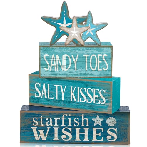 Yuntau 4 Pcs Summer Table Decorations Beach Tiered Tray Decor Starfish Coastal Rustic Wooden Block Sign Stacked Book Nautical Table Centerpiece for Farmhouse Home Living Room Office Desk Shelf Mantel - style: Starfish
