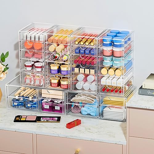 caktraie 2 Pack Desk Organizers, Makeup Organizer Storage with 7 Drawers, Desktop Office Supplies, Clear Desk Accessories, Dustproof Drawer Organizer and Storage for Make Up, Jewelry, Pen - size: 7 Drawers