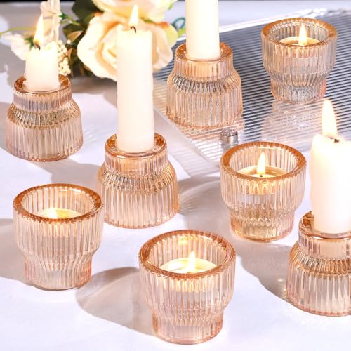 HAVITI 12 Pack Gold Taper Candle Holders, Glass Candlestick Holders, Tea Light Candle Holder for Fall Wedding Centerpieces Table Decorations, Votive Candle Holders for Table Decor - color: Gold