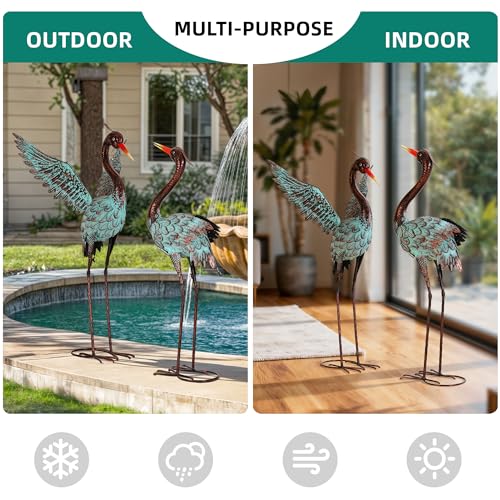 36.8" Extra-Large Blue Heron Decor, Handcrafted Metal Crane Statue with Stable U-Ground Stakes, Backyard Decoration, Metal Garden Bird Animal Yard Art, Lawn Ornament Decor - color: 36" -Distressed Patina Green