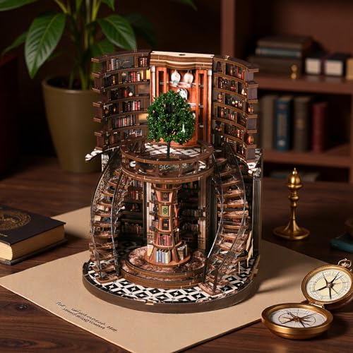 Book Nook Kit for Adults & Teens – DIY Miniature House Library, Wisdom Ring Library 3D Wooden Puzzle Bookend Bookshelf Insert with LED Light, Dollhouse Craft Kit for Decor & Gifts