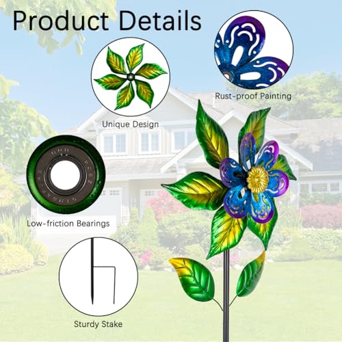 Wind Spinners Outdoor,13'' Dia Metal Flower Pinwheels,Waterproof Wind Sculpture with Metal Stake,Wind Spinner for Outdoor Patio Decor - size: 13‘’Green Flower