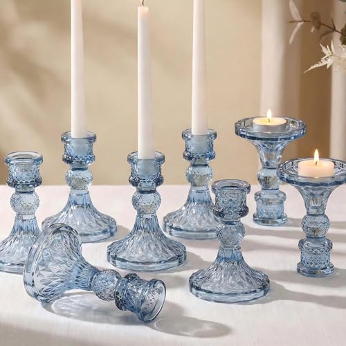 Glass Candle Holder Set of 12, Blue Taper Candle Holders Bulk, Vintage Candlestick Holders, Candle Stick Holder for Table Centerpieces, Wedding, Festival & Home Decor - color: Blue