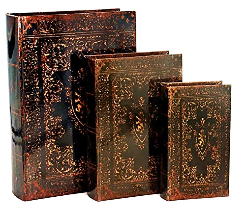 Bellaa Decorative Book Box Antiques Vintage Retro Invisible Secret Storage Faux Leather Wood Magnetic Set of 3 (Gold Foil A) - style: Gold Foil A