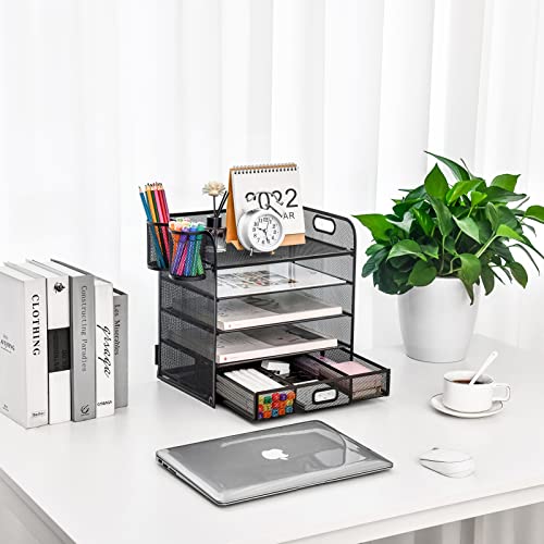 Lavatino 5 Tier Paper Organizer for Desk, Letter Tray with Drawer and 2 Pen Holders, Mesh File Sorter, Desktop Document Shelf Storage Organization Office School Home Black with Drawer - color: 5 Tier - Black