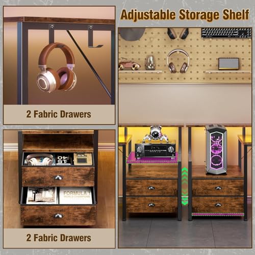 66'' L Shaped Desk with Power Outlets and USB-C Port, Reversible Office Desk with drawers and Storage Shelves, Computer desk with Led Lights and Host stand for Home Office, Gaming, Work, Rustic Brown - color: Rustic Brown