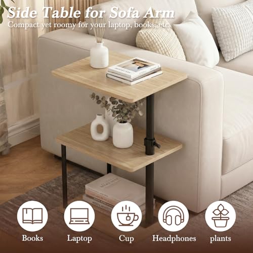 Faesun 360° Swivel Side Table for Height Adjustable, C Shaped End Table for Couch with Storage, 3-Tier Night Stand with Open Shelf, Tv Tray for Small Spaces, Living Room, Bedroom, Oak - color: Oak