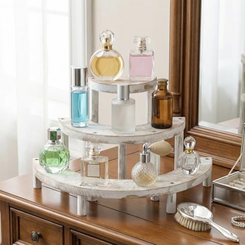 MyGift 3 Tier Wooden Display Riser Stand, Cupcake Stand & Perfume Organizer, Rustic Whitewashed Tiered Display Shelf for Desserts, Nail Polish, Makeup, Plants & Collectibles - color: Whitewashed
