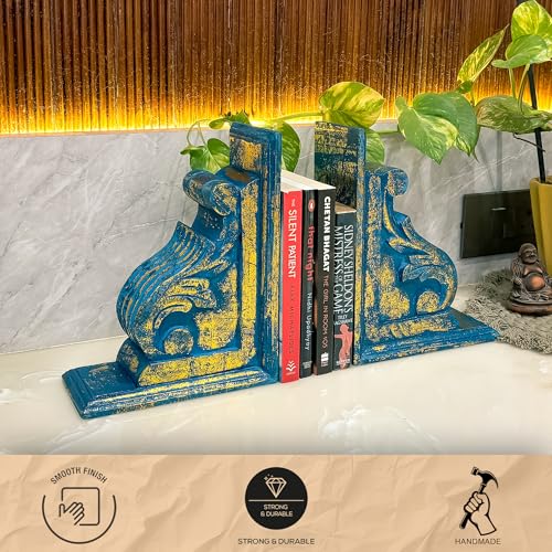 Vintage One Pair of Distressed-Finish Wooden bookends with a Carved Pattern, Perfect for Shelves, Heavy bookends for Books, and Modern Accent for Living Room,Office (Rustic Blue) - color: Rustic Blue