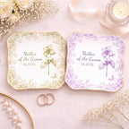 Personalized Mother of the Groom Ring Dish, Blue Floral Porcelain Jewelry Tray for Wedding Day, Scalloped Edged Ceramic Keepsake Bowl From Bride, Custom Engagement Date Trinket Plate Mother-In-Law - color: Design 03