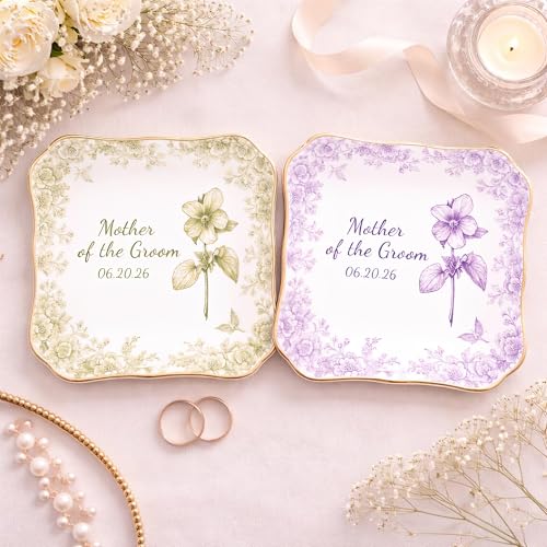 Personalized Mother of the Groom Ring Dish, Blue Floral Porcelain Jewelry Tray for Wedding Day, Scalloped Edged Ceramic Keepsake Bowl From Bride, Custom Engagement Date Trinket Plate Mother-In-Law - color: Design 03