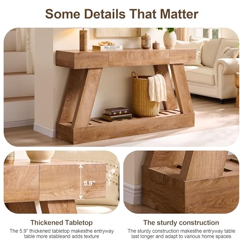 60" Farmhouse Entryway Table with Drawer, Wooden Hallway Foyer Table with Heavy Duty Base, Sofa Table for Living Room(Light Knotty Oak) - color: Light Knotty Oak