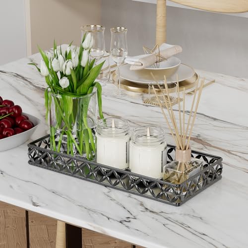 EKNITEY Vanity Tray for Bathroom Counter - Small Rectangle Decorative Tray 11 Inch Black Batroom Countertop Tray Organizer for Perfume Makeup Cosmetic Jewelry - color: Rectangle Floral-black