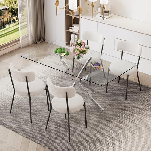 5 Piece Rectangular Glass Dining Table Set, 63'' Modern Kitchen Table Set Silver Base with 4 Minimalism White Boucle Dining Chairs, Dining Table and Chairs for Home, Apartment - color: Silver+white Chairs, size: 63'' + 4 Chairs
