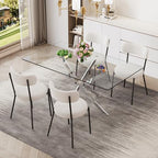 5 Piece Rectangular Glass Dining Table Set, 63'' Modern Kitchen Table Set Silver Base with 4 Minimalism White Boucle Dining Chairs, Dining Table and Chairs for Home, Apartment - color: Silver+white Chairs, size: 63'' + 4 Chairs