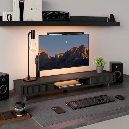 Fenge Dual Monitor Stand, 42.5inch Long Monitor Stands Riser for 2 Monitors, Sliding Door with Storage Organizer Stand for Desk, 2 Tier Desk Shelf for Laptop, Pc, Printer, Computer, TV - color: Black