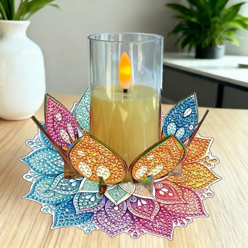 DIY Diamond Art Painting Candlestick Holders 5.71in Mandala Flower Shape Desk Candle Tray Tabletop Ornaments for Wedding Ramadan Party Home Table Centerpiece-Mandala03 - color: Mandala03