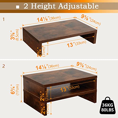 TEAMIX Monitor Riser - 2 Pack, Rustic Brown Wood Adjustable Stand for 2 Monitors/Laptop/PC - color: Brown