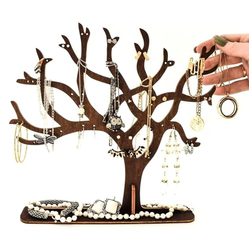 Wooden Jewelry Tree Necklace Holder,9 Inch Jewelry Stand Creative Ring Holder Necklace Suitable Ring Earrings Necklace Bracelet for living rooms, bathrooms,offices (TREE)