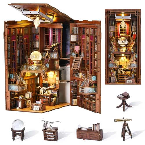 MiniCity DIY Book Nook Kit for Adults, 3D Wooden Puzzle Bookend Bookshelf Insert Decor with LED Light and Dust Cover (Beyond Library) - style: Beyond Library