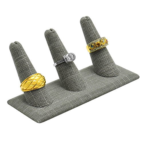 Three Finger Grey Linen Jewelry Ring Display Stand Tray ~ Holds 3-6 Jewelry Rings - size: 3 Finger
