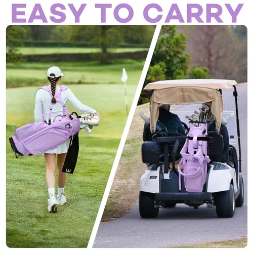 Luxury Womens Golf Bag, PU Leather Golf Stand Bag for Women/Ladies, 14-Way Full-Length Top Dividers, Ultra Lightweight, Large Pockets for Accessories - color: Lavender